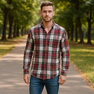 Red Head Men S Red/Green Plaid Long Sleeve Button Flannel Chore Barn‎ Work Shirt